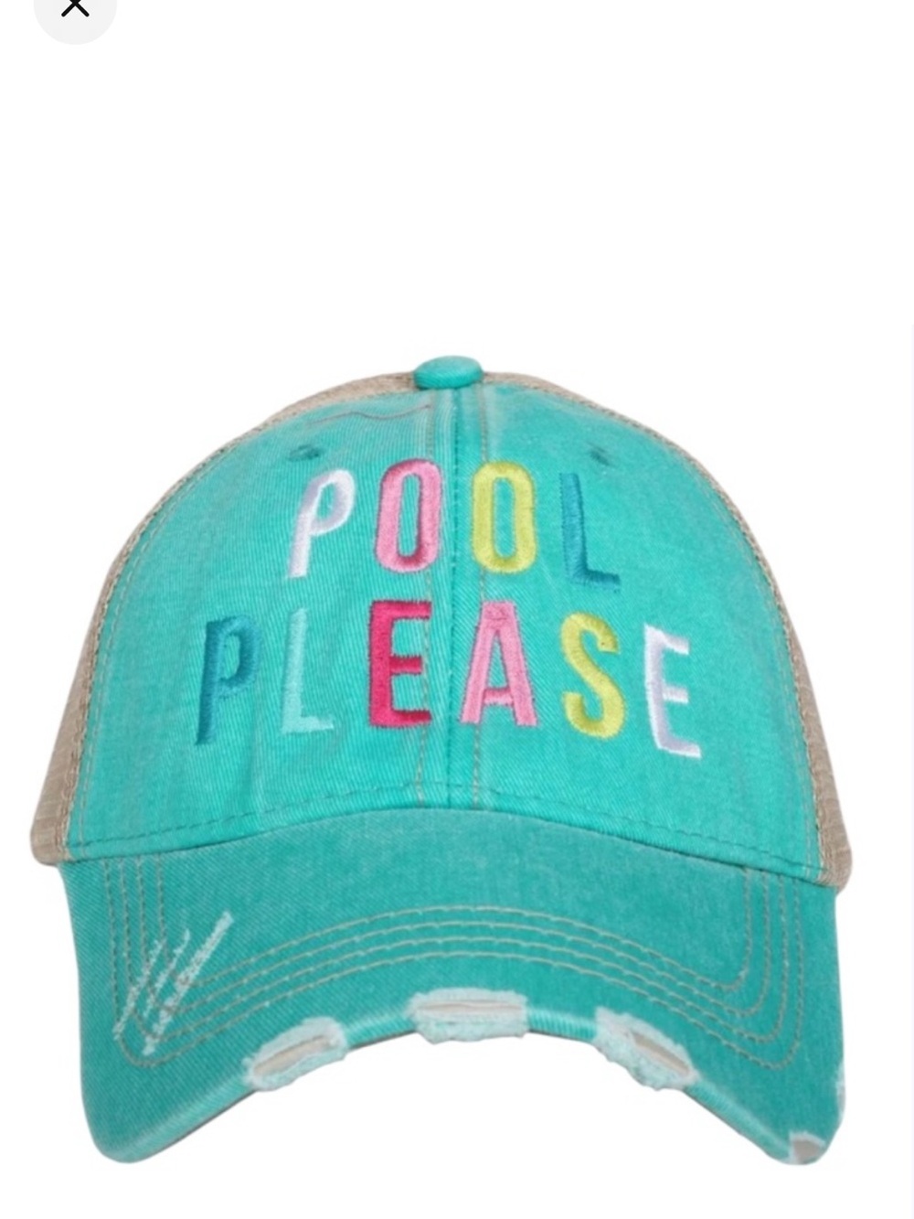Katydid Pool Please turquoise embroidered adjustable fit mesh back baseball hat